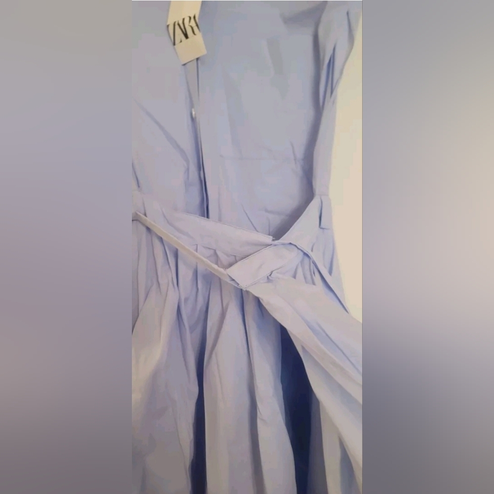 Zara Midi Blue Flared/Pleated Front Button Wrap Tie Waist Cotton Poplin Dress - Picture 7 of 12